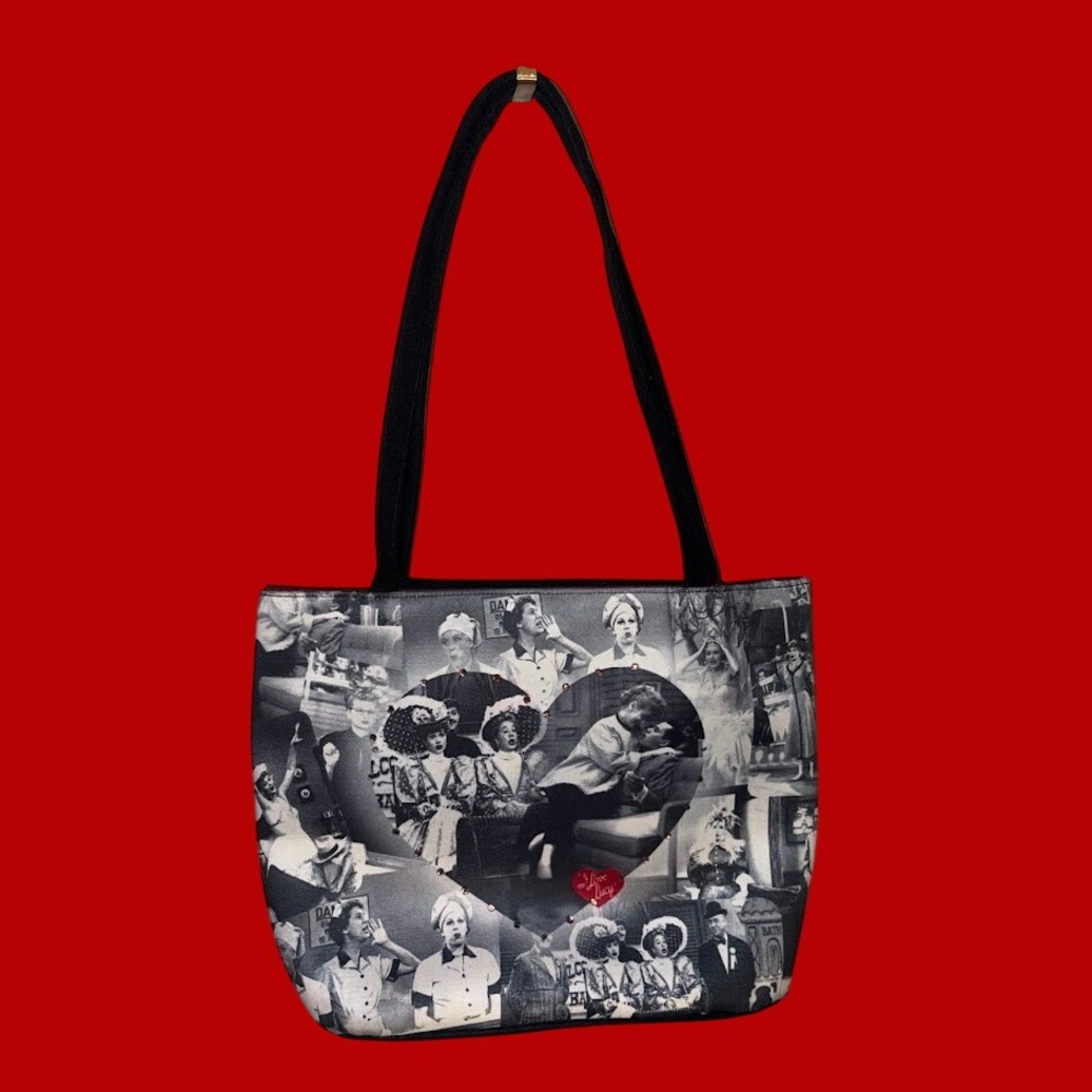 Vintage I Love Lucy Tote Bag Black White Photo Collage Heart Rhinestone Shoulder